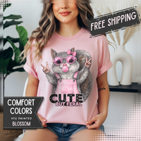 Cute But Feral, Squirrel in Pink Bibs - Comfort Colors | Trendy Women's T-Shirt. Direct to Garment. Printed & Shipped in the USA. Unisex Sizes.