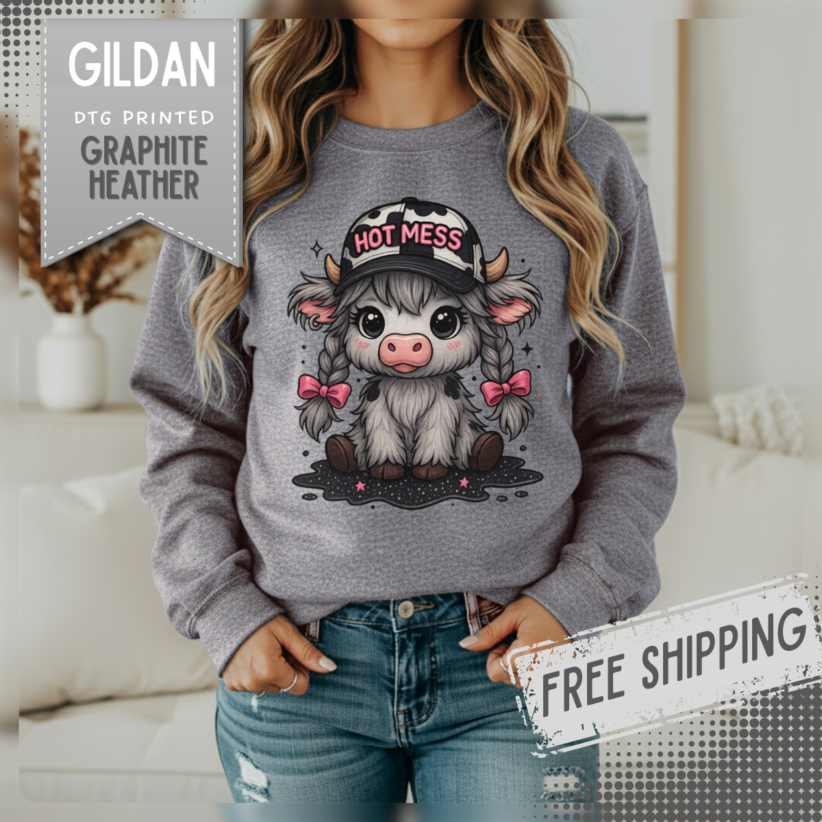 Cute Highland Cow 'Hot Mess' In Braids – Gildan Heavy Blend | Trendy Women’s Soft Sweatshirt. Direct to Garment. Printed & Shipped in the USA. Unisex Sizes.