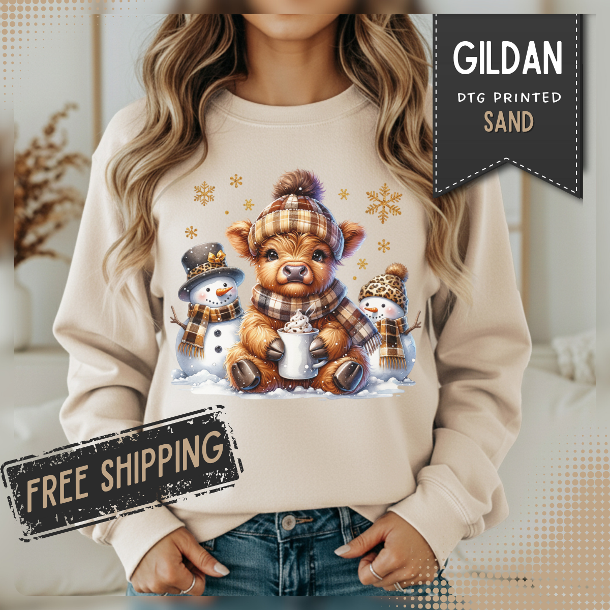 Cute Highland Cow with Snowmen, Winter – Gildan Heavy Blend | Trendy Women’s Soft Sweatshirt. Direct to Garment. Printed & Shipped in the USA. Unisex Sizes.