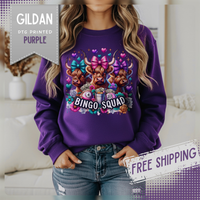 Cute Highland Cows Bingo Squad – Gildan Heavy Blend | Trendy Women’s Soft Sweatshirt. Direct to Garment. Printed & Shipped in the USA. Unisex Sizes.