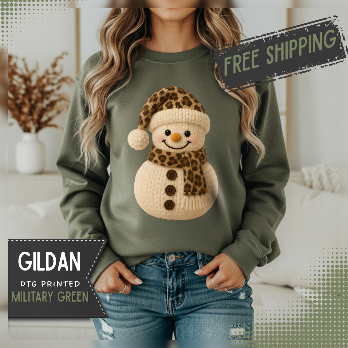 Cute Leopard Faux Knit Snowman Winter – Gildan Heavy Blend | Trendy Women’s Soft Sweatshirt. Direct to Garment. Printed & Shipped in the USA. Unisex Sizes.