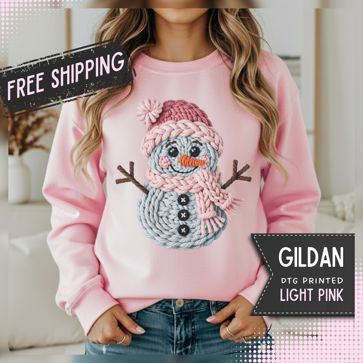 Cute Yarn Snowman - Pink Scarf Faux Yarn – Gildan Heavy Blend | Trendy Women’s Soft Sweatshirt. Direct to Garment. Printed & Shipped in the USA. Unisex Sizes.
