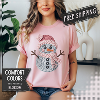 Cute Yarn Snowman - Pink Scarf - Comfort Colors | Trendy Women's T-Shirt. Direct to Garment. Printed & Shipped in the USA. Unisex Sizes.