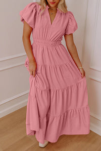 Pink V-Neck Tiered Maxi Dress with Short Puff Sleeves