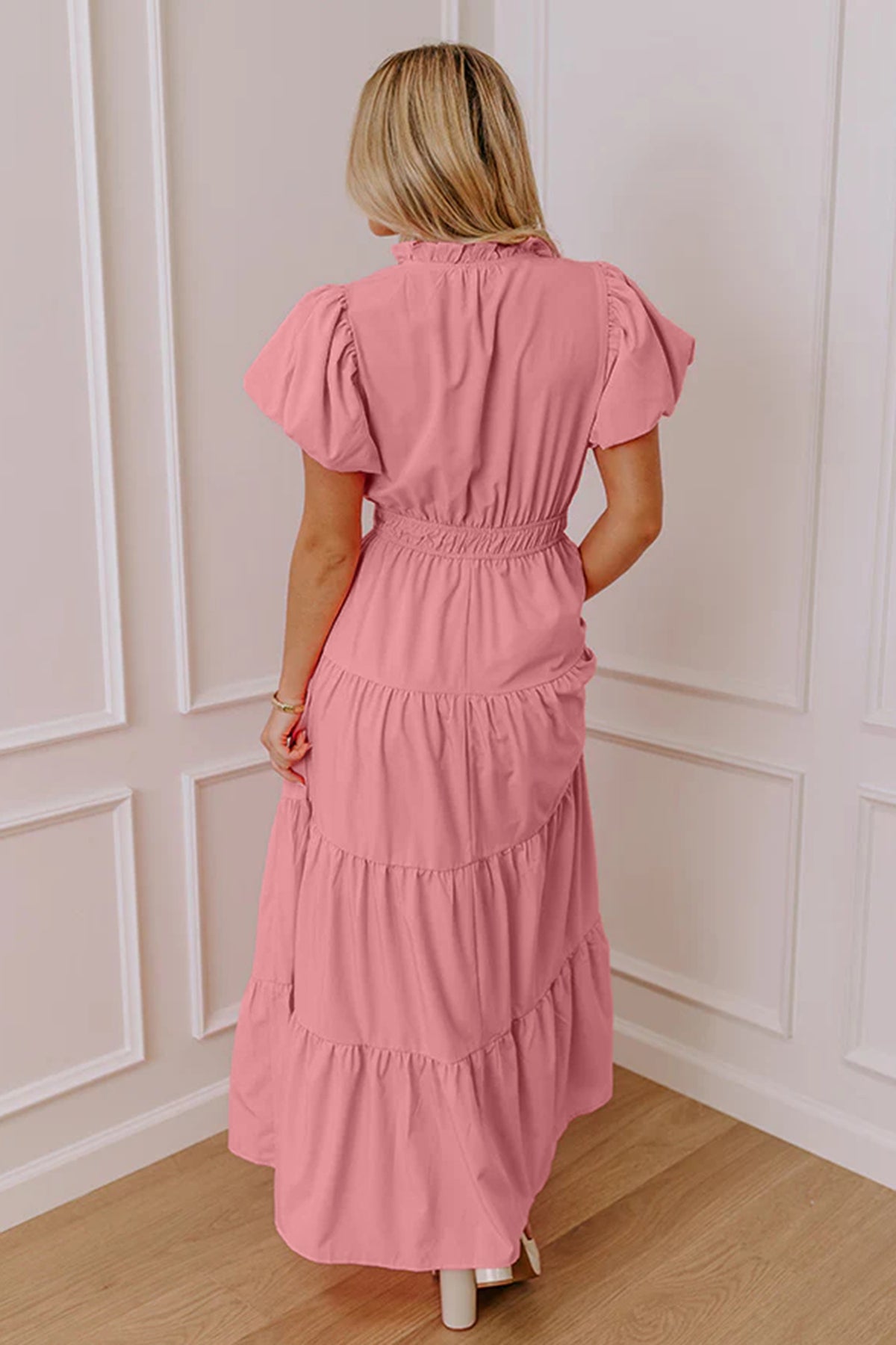 Pink V-Neck Tiered Maxi Dress with Short Puff Sleeves