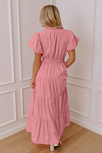 Pink V-Neck Tiered Maxi Dress with Short Puff Sleeves