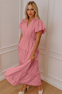 Pink V-Neck Tiered Maxi Dress with Short Puff Sleeves