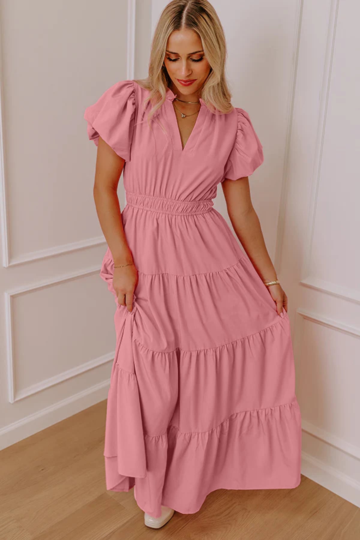 Pink V-Neck Tiered Maxi Dress with Short Puff Sleeves