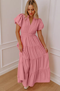 Pink V-Neck Tiered Maxi Dress with Short Puff Sleeves
