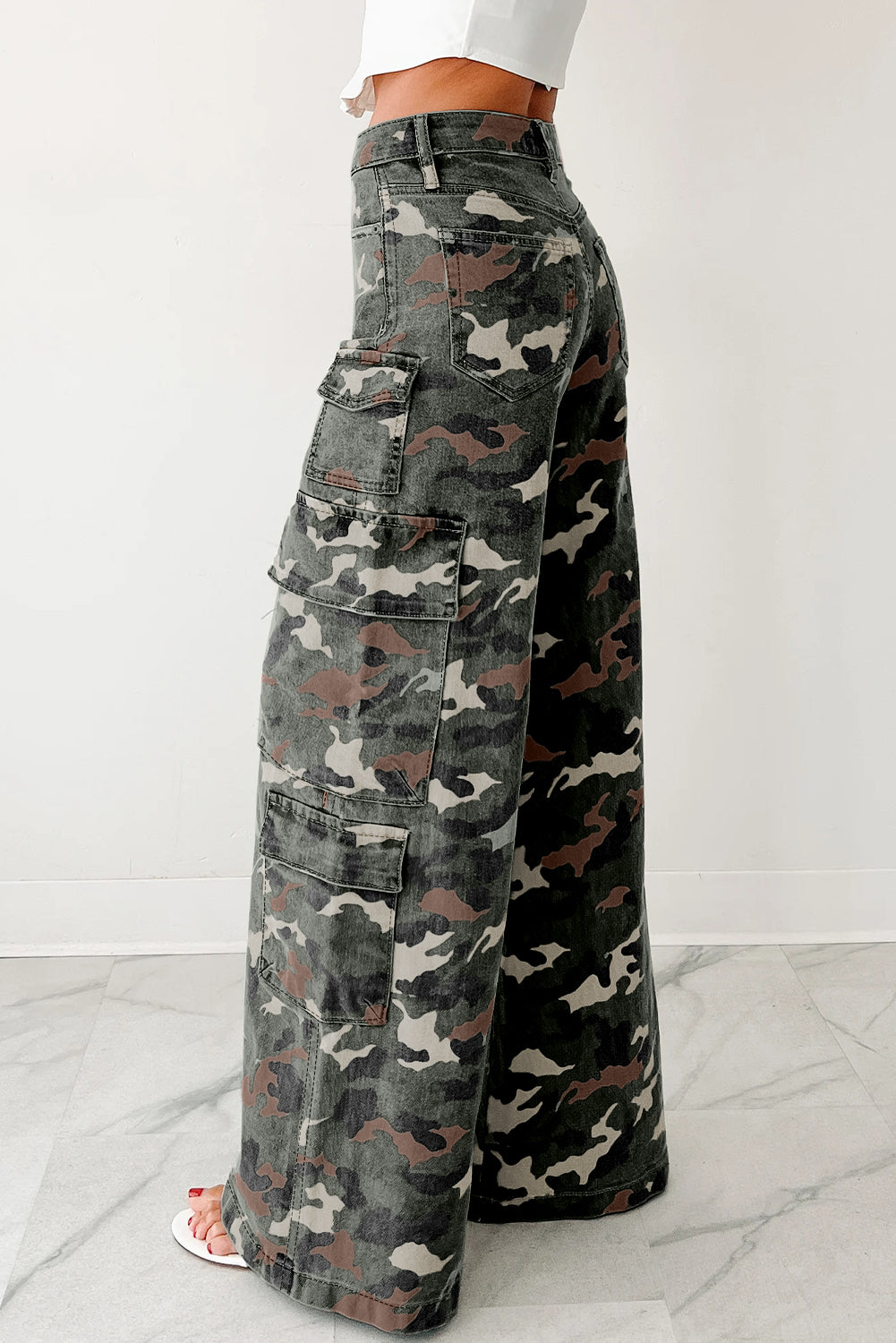 Amy Camo Denim Cargo Wide Leg Pants