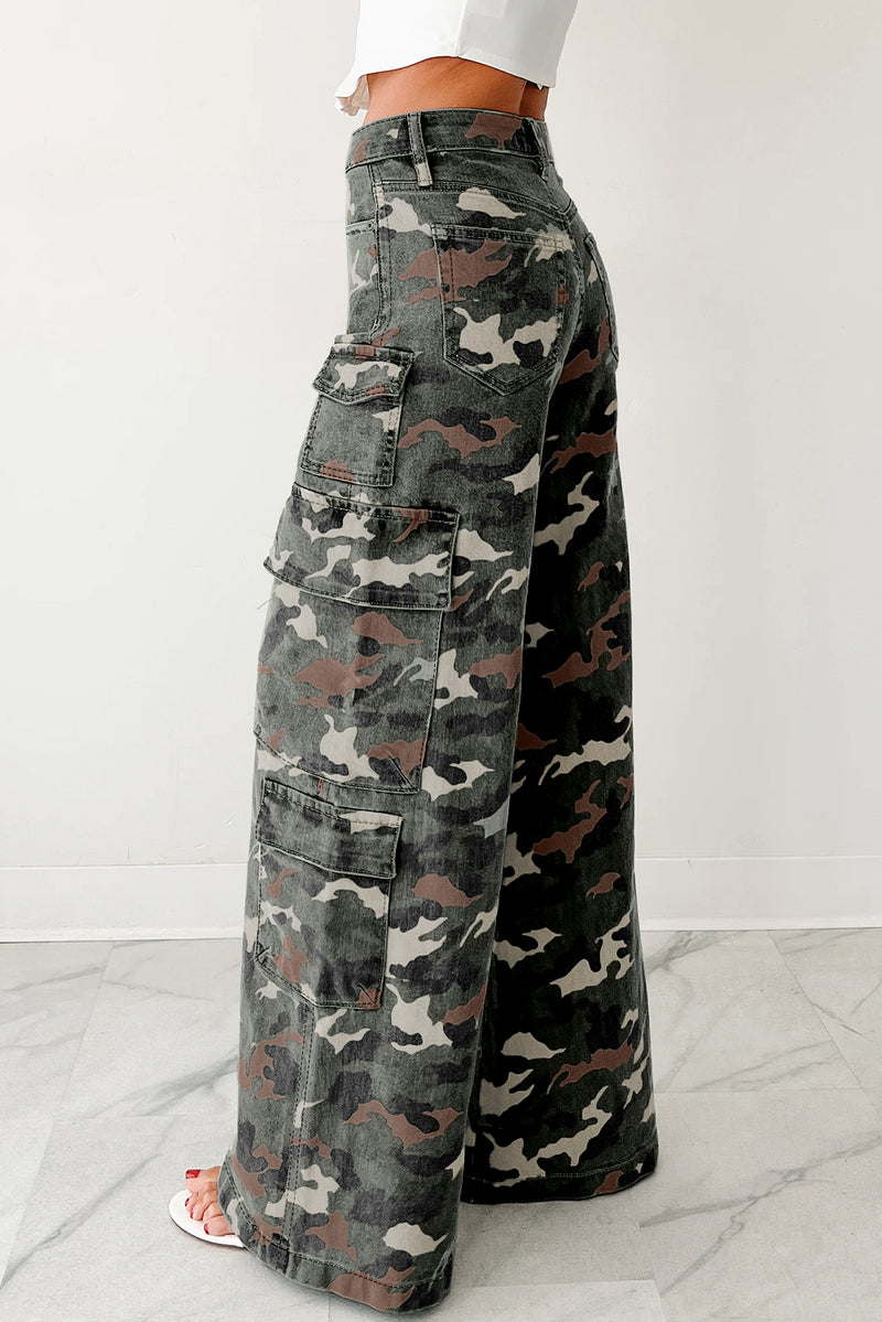 Amy Camo Denim Cargo Wide Leg Pants