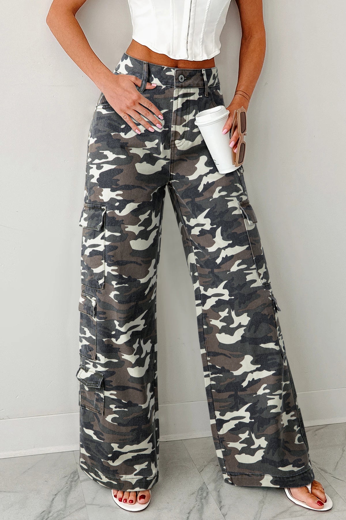 Amy Camo Denim Cargo Wide Leg Pants