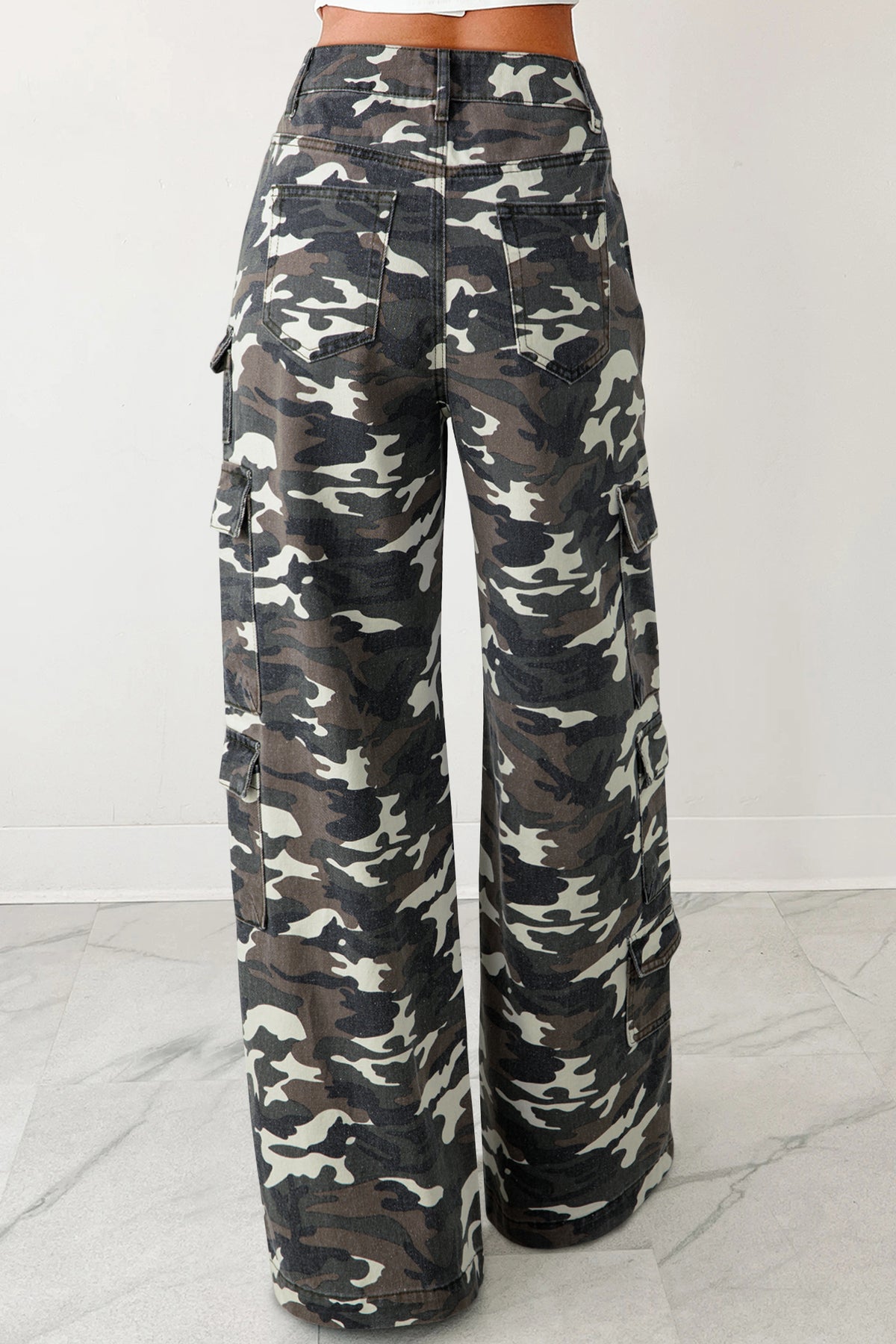 Amy Camo Denim Cargo Wide Leg Pants