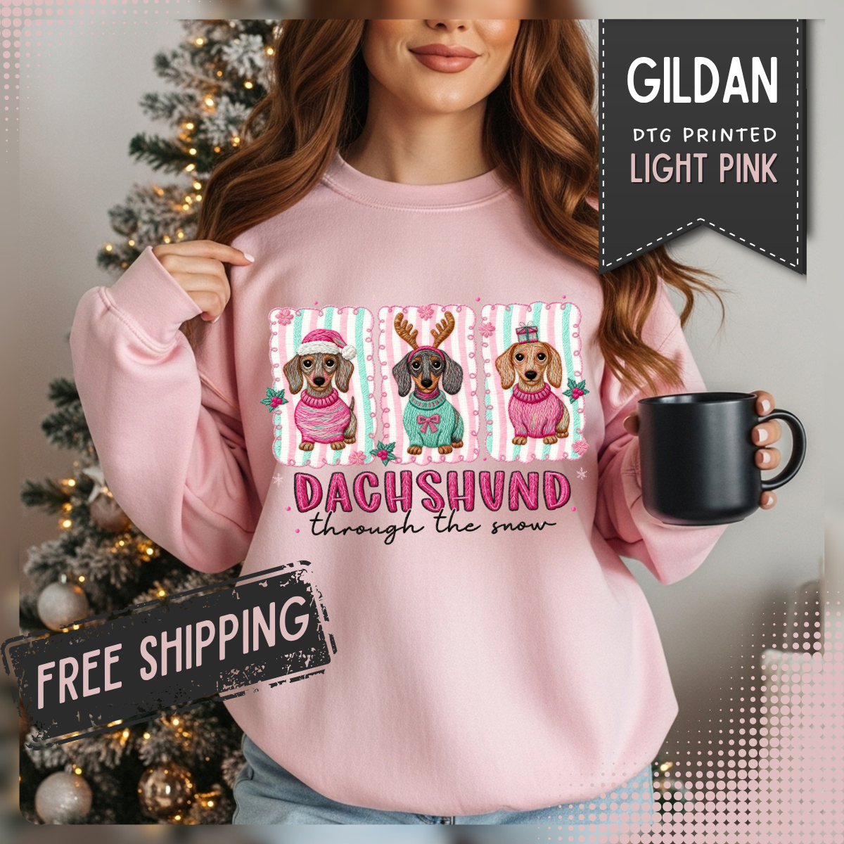Dachshund Through the Snow – Gildan Heavy Blend | Trendy Women’s Soft Sweatshirt. Direct to Garment. Printed & Shipped in the USA. Unisex Sizes.