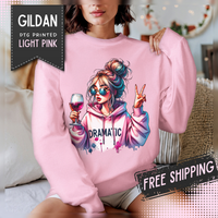 Dramatic Girl With Wine Messy Bun Peace Sign – Gildan Heavy Blend | Trendy Women’s Soft Sweatshirt. Direct to Garment. Printed & Shipped in the USA. Unisex Sizes.