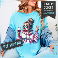 Dramatic Girl With Wine Messy Bun Peace Sign  - Comfort Colors | Trendy Women's T-Shirt. Direct to Garment. Printed & Shipped in the USA. Unisex Sizes.