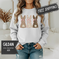 Easter Bunny Trio - Checkered, Floral & Leopard – Gildan Heavy Blend | Trendy Women’s Soft Sweatshirt. Direct to Garment. Printed & Shipped in the USA. Unisex Sizes.