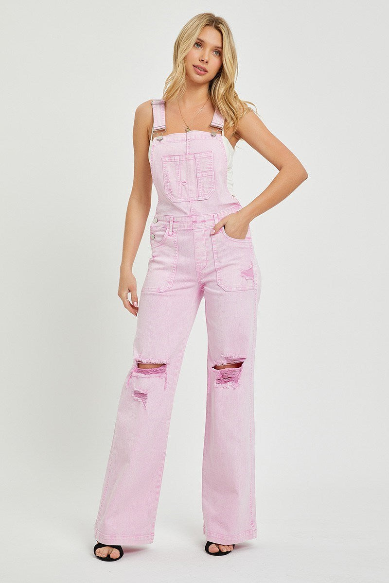 Sydney Wide Leg Distressed RISEN Overalls - Acid Pink
