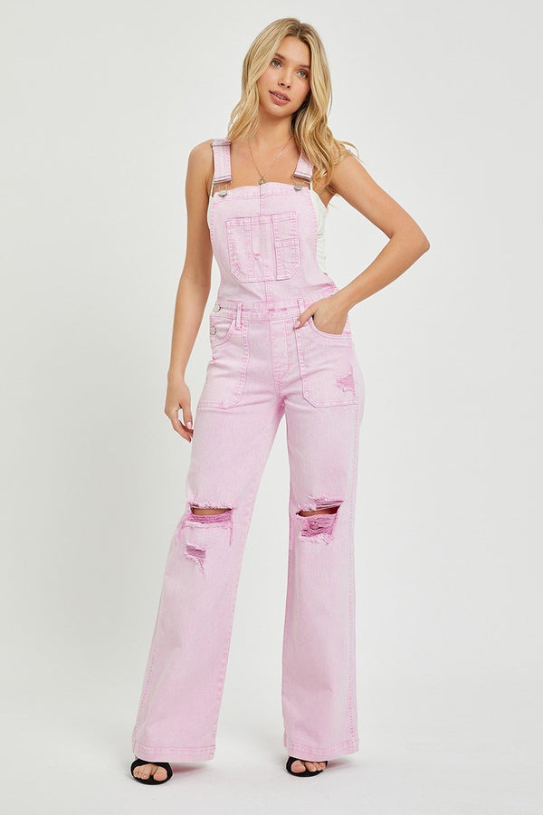 Sydney Wide Leg Distressed RISEN Overalls - Acid Pink