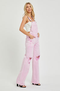 Sydney Wide Leg Distressed RISEN Overalls - Acid Pink