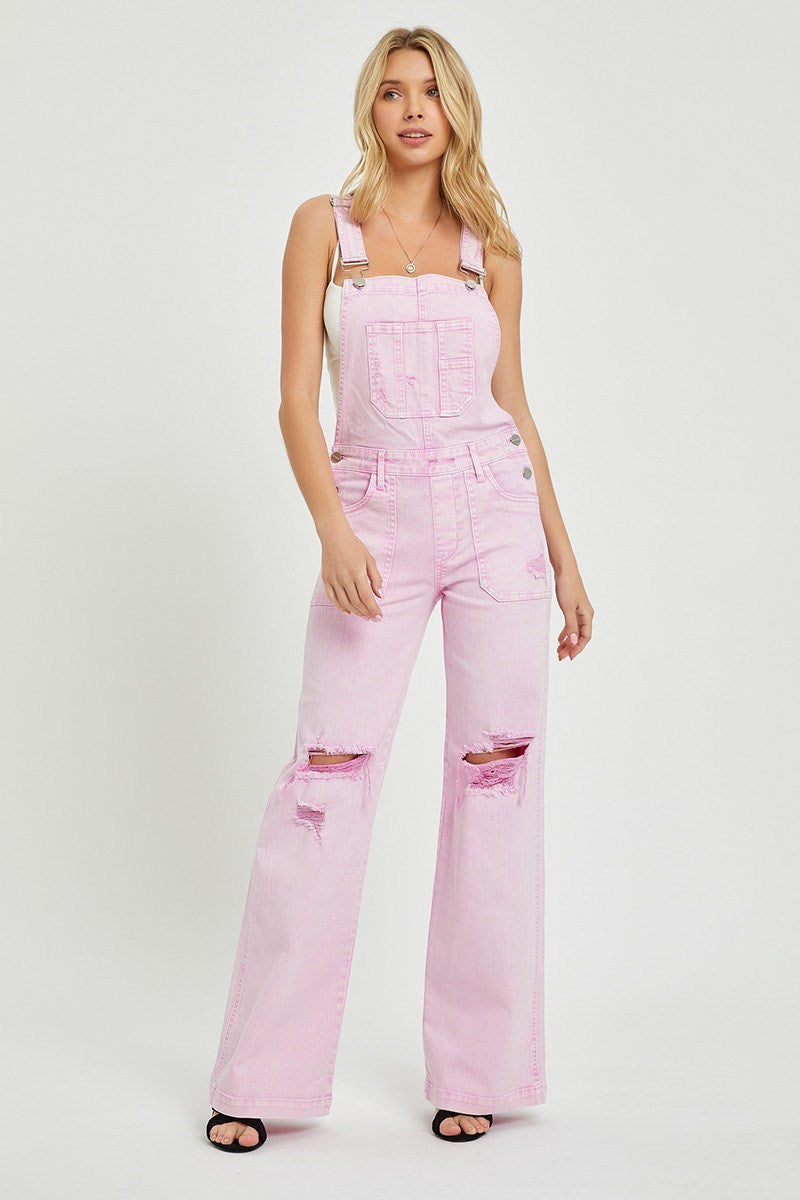 Sydney Wide Leg Distressed RISEN Overalls - Acid Pink