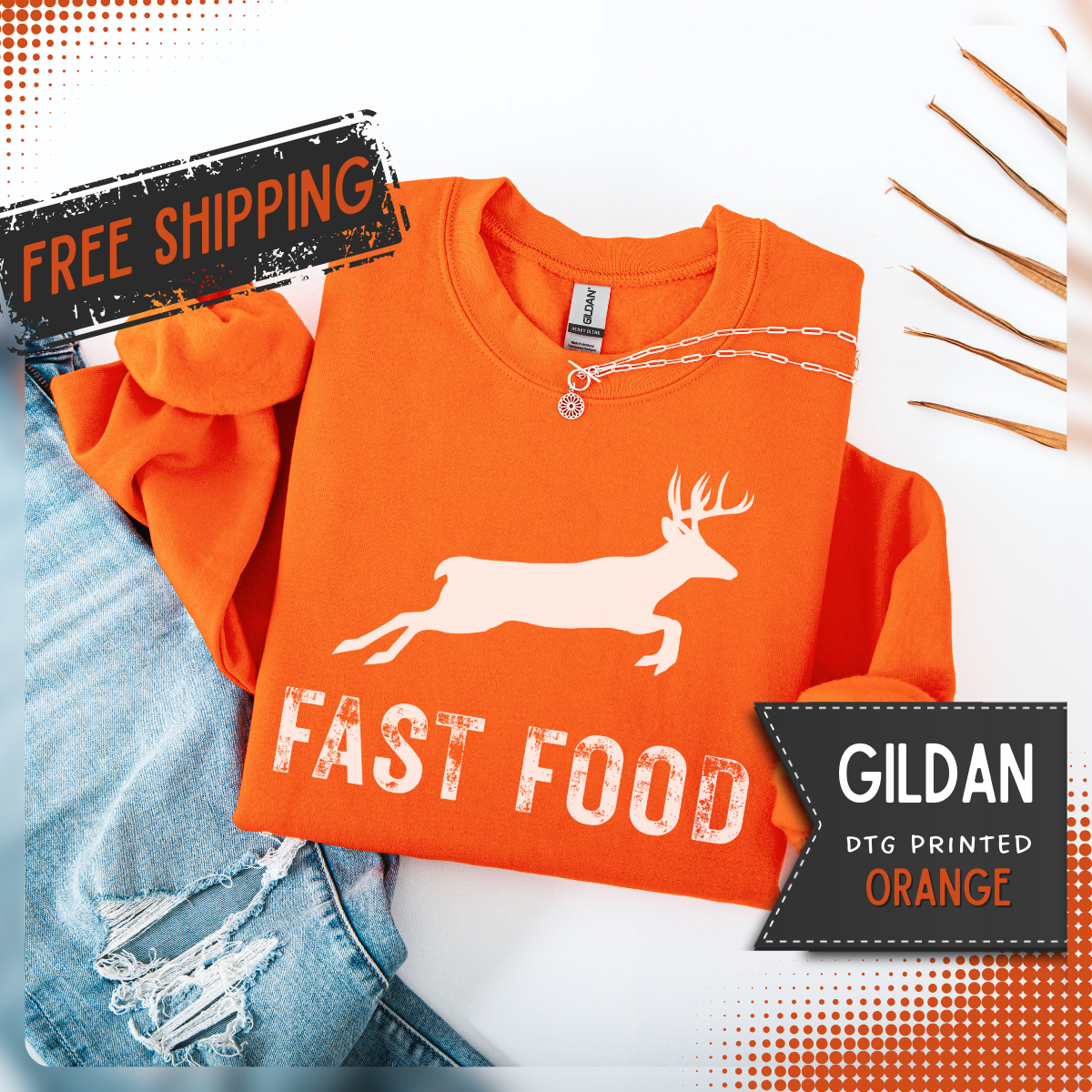 Fast Food Deer Hunting Humor Distressed – Gildan Heavy Blend | Trendy Men's and Women’s Soft Sweatshirt. Direct to Garment. Printed & Shipped in the USA. Unisex Sizes.