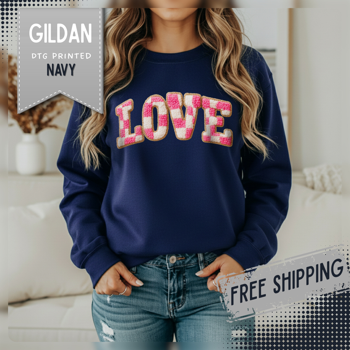 Faux Crochet Checkered LOVE – Gildan Heavy Blend | Trendy Women’s Soft Sweatshirt. Direct to Garment. Printed & Shipped in the USA. Unisex Sizes.