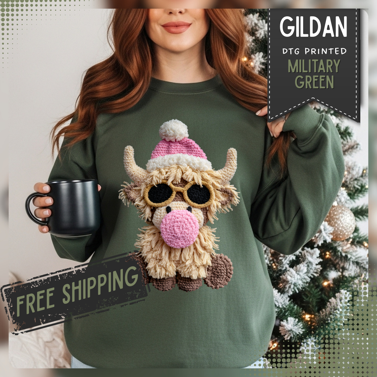 Faux Crochet Highland Cow Bubblegum – Gildan Heavy Blend | Trendy Women’s Soft Sweatshirt. Direct to Garment. Printed & Shipped in the USA. Unisex Sizes.