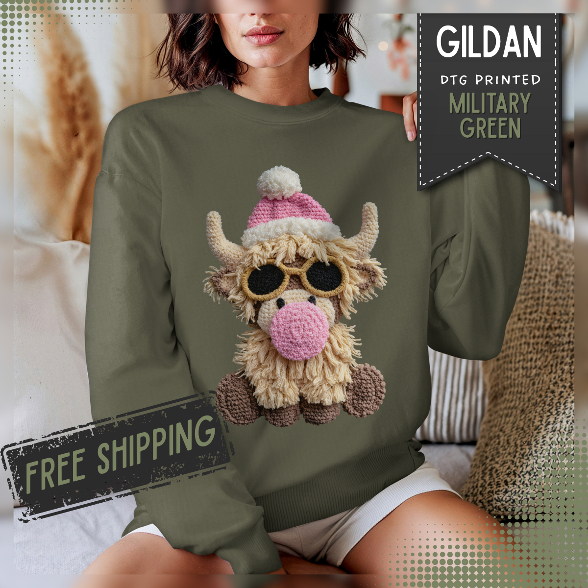 Faux Crochet Highland Cow Bubblegum – Gildan Heavy Blend | Trendy Women’s Soft Sweatshirt. Direct to Garment. Printed & Shipped in the USA. Unisex Sizes.