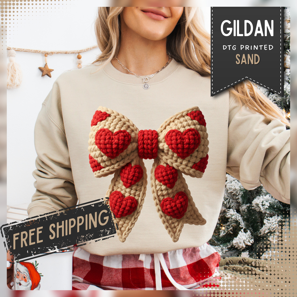 Faux Crochet Valentine Bow – Gildan Heavy Blend | Trendy Women’s Soft Sweatshirt. Direct to Garment. Printed & Shipped in the USA. Unisex Sizes.