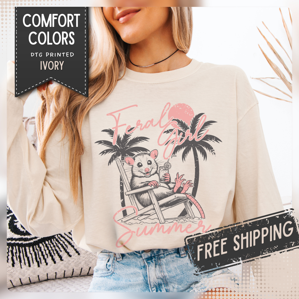 Feral Girl Summer, Possum on a Beach - Comfort Colors | Trendy Women's Long Sleeve T-Shirt. Direct to Garment. Printed & Shipped in the USA. Unisex Sizes.