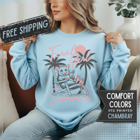 Feral Girl Summer, Possum on a Beach - Comfort Colors | Trendy Women's Sweatshirt. Direct to Garment. Printed & Shipped in the USA. Unisex Sizes.