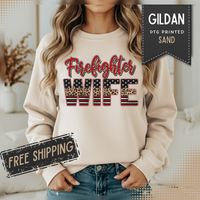 Firefighter Wife Patriotic Flag Lettering for Firefighter Spouse – Gildan Heavy Blend | Trendy Women’s Soft Sweatshirt. Direct to Garment. Printed & Shipped in the USA. Unisex Sizes.