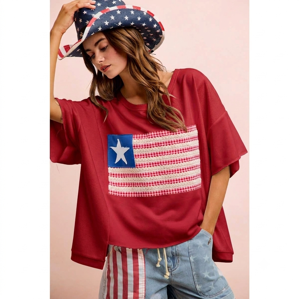 Boxy Oversized American Flag Patchwork Top