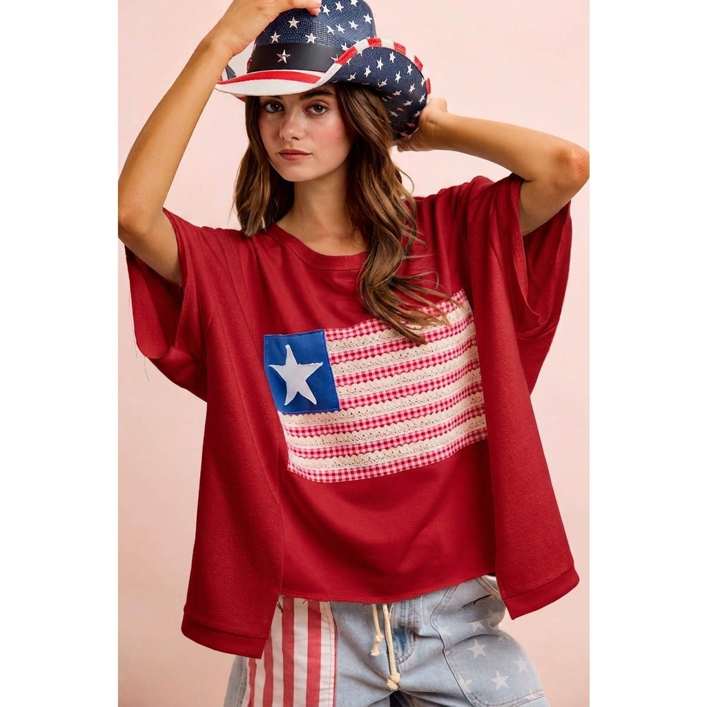 Boxy Oversized American Flag Patchwork Top