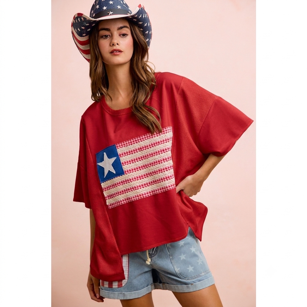 Boxy Oversized American Flag Patchwork Top