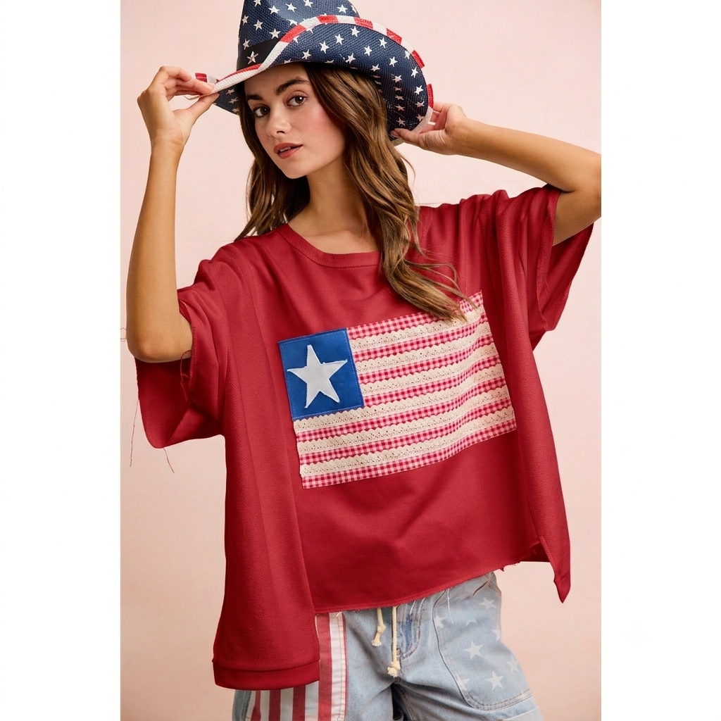 Boxy Oversized American Flag Patchwork Top