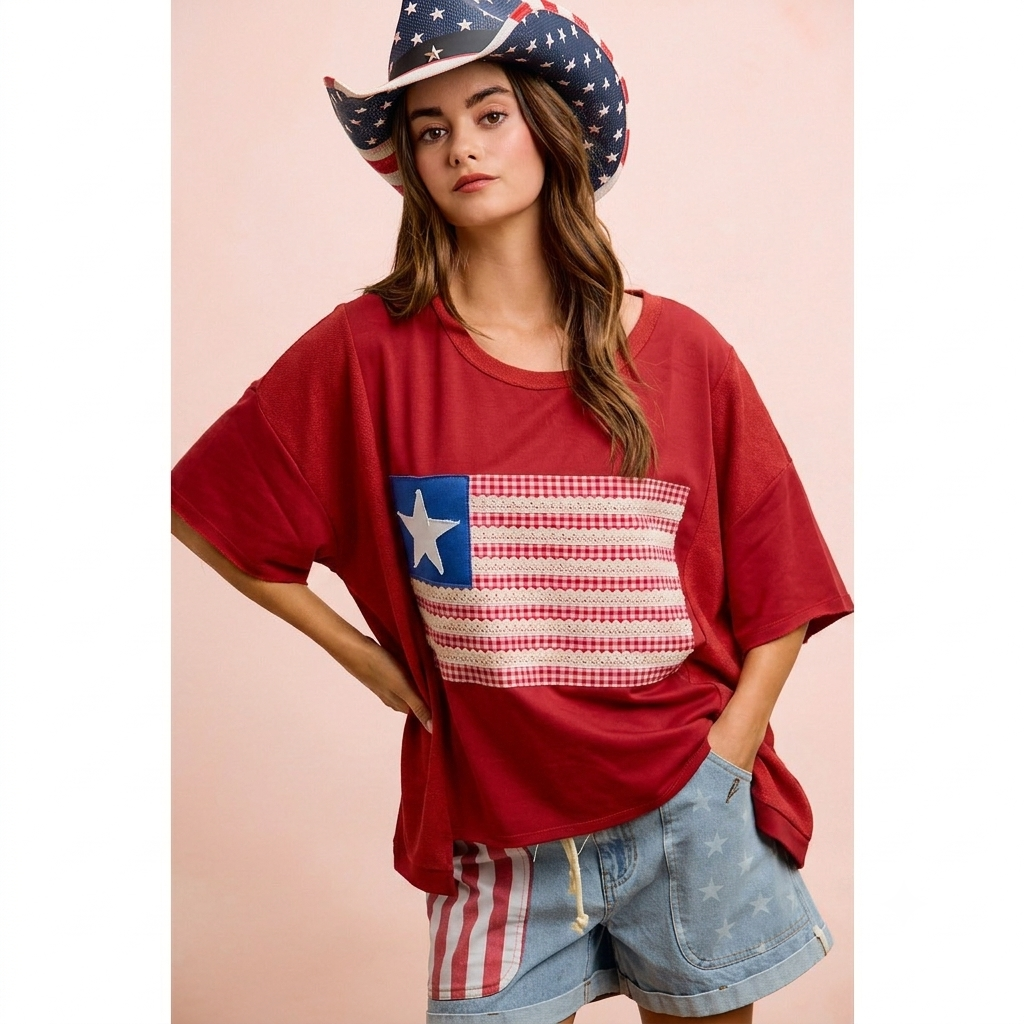 Boxy Oversized American Flag Patchwork Top
