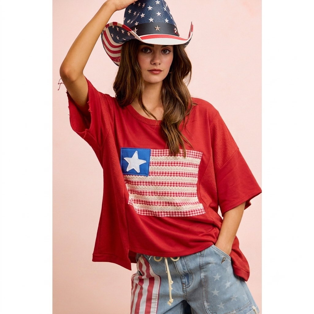 Boxy Oversized American Flag Patchwork Top