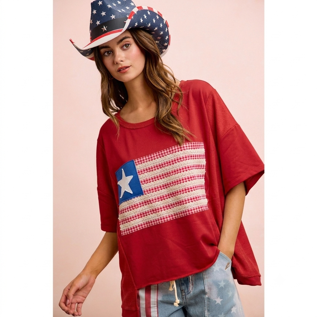 Boxy Oversized American Flag Patchwork Top