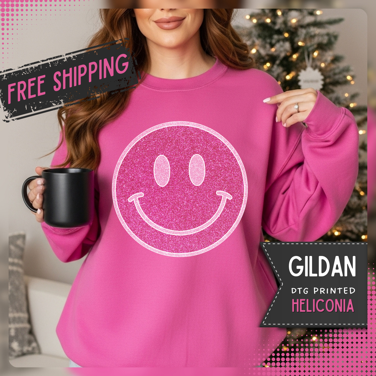 Glitter Smiley – Gildan Heavy Blend | Trendy Women’s Soft Sweatshirt. Direct to Garment. Printed & Shipped in the USA. Unisex Sizes.