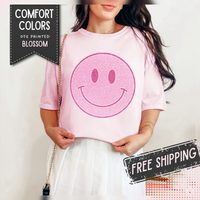 Faux Glitter Smiley - Comfort Colors | Trendy Women's T-Shirt. Direct to Garment. Printed & Shipped in the USA. Unisex Sizes.