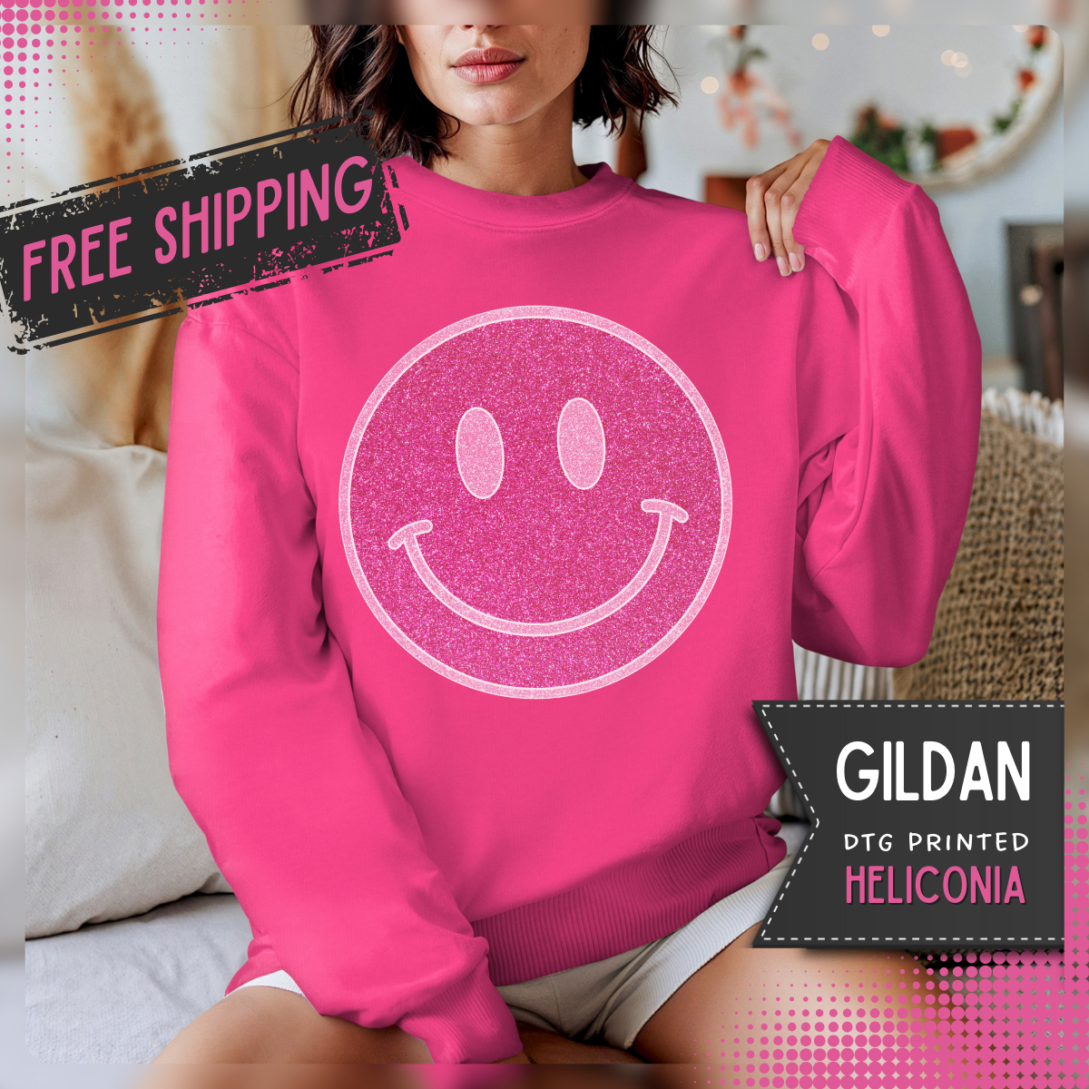 Glitter Smiley – Gildan Heavy Blend | Trendy Women’s Soft Sweatshirt. Direct to Garment. Printed & Shipped in the USA. Unisex Sizes.