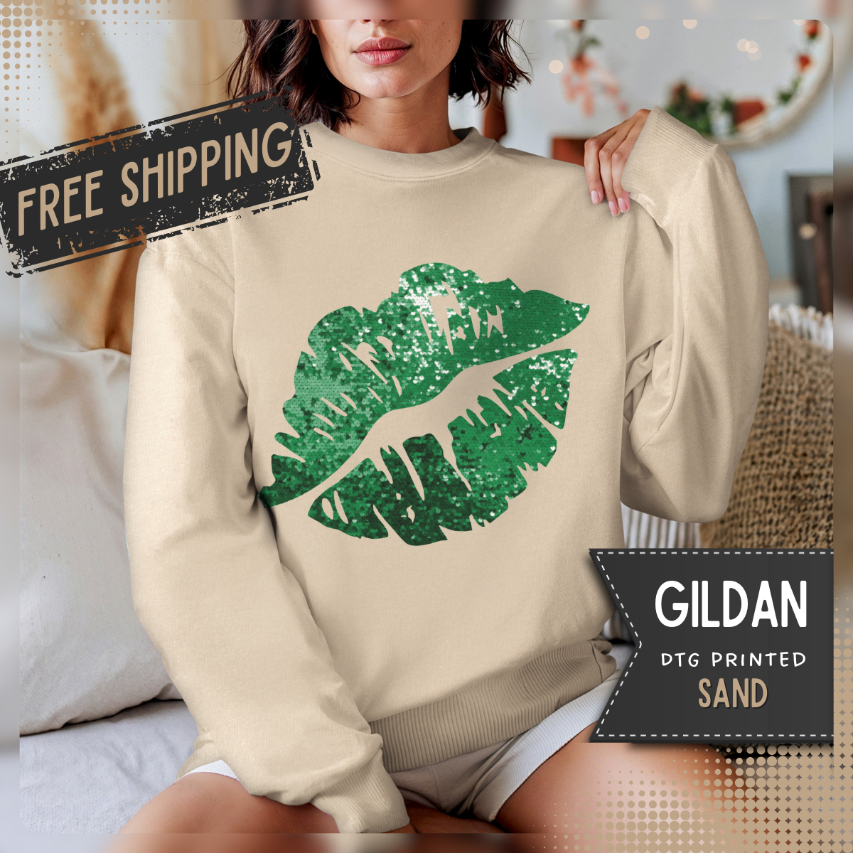 Green Faux Glitter Kiss – Gildan Heavy Blend | Trendy Women’s Soft Sweatshirt. Direct to Garment. Printed & Shipped in the USA. Unisex Sizes.