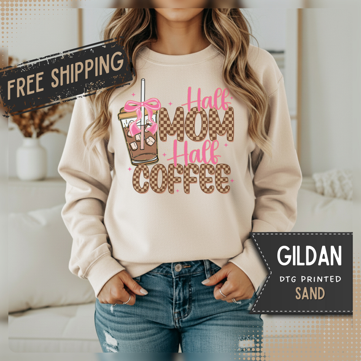 Half Mom Half Coffee, Cute Leopard Print Coffee Design – Gildan Heavy Blend | Trendy Women’s Soft Sweatshirt. Direct to Garment. Printed & Shipped in the USA. Unisex Sizes.