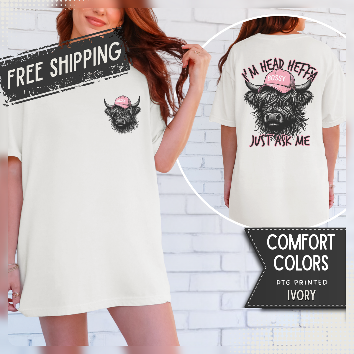 Head Heffa Highland Cow, Front & Back Print - Comfort Colors | Trendy Women's T-Shirt. Direct to Garment. Printed & Shipped in the USA. Unisex Sizes.
