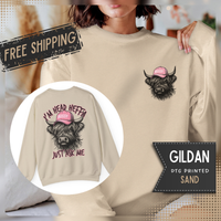 Head Heffa Highland Cow, Front & Back Print – Gildan Heavy Blend | Trendy Women’s Soft Sweatshirt. Direct to Garment. Printed & Shipped in the USA. Unisex Sizes.