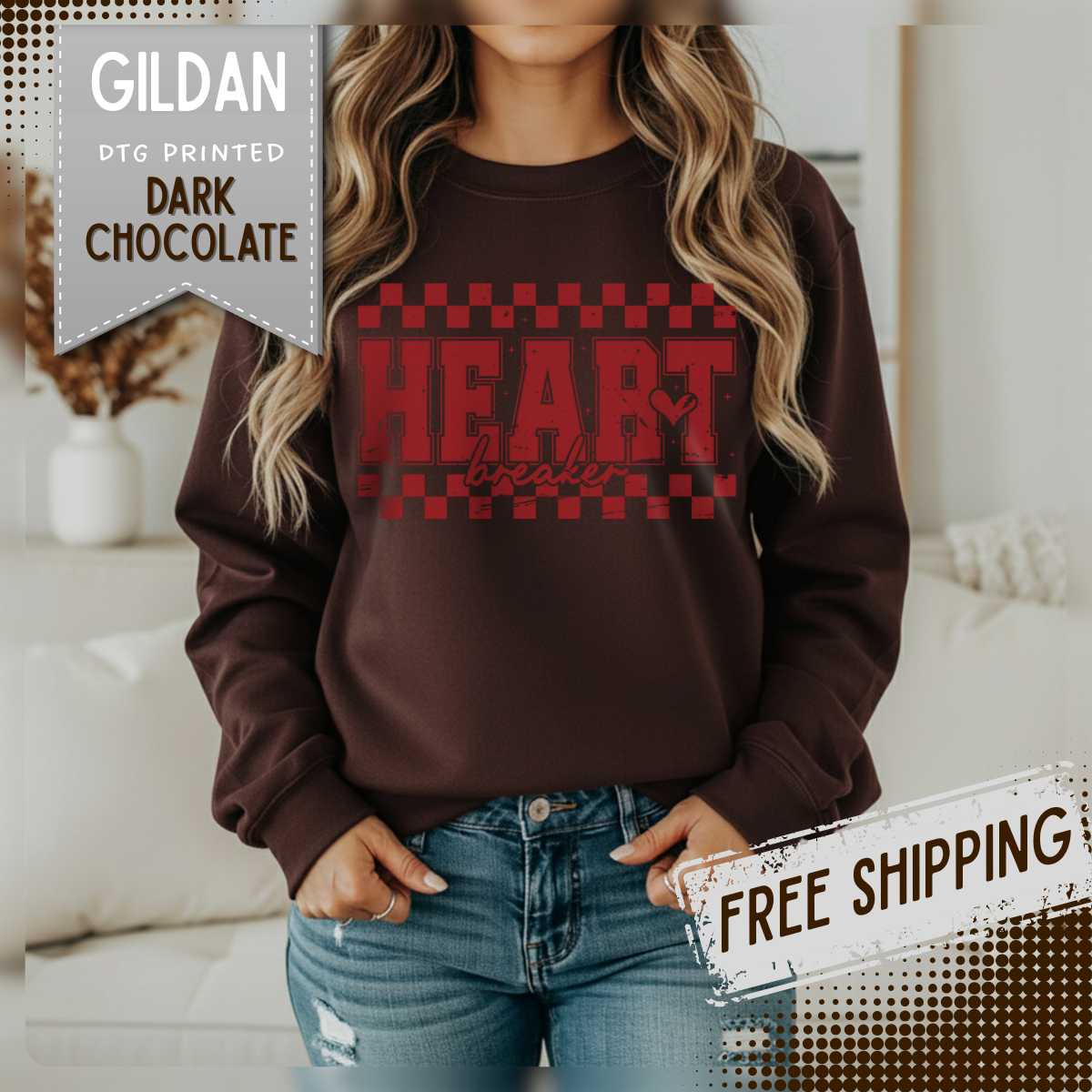 Heart Breaker, Red Checkered Distressed – Gildan Heavy Blend | Trendy Women’s Soft Sweatshirt. Direct to Garment. Printed & Shipped in the USA. Unisex Sizes.
