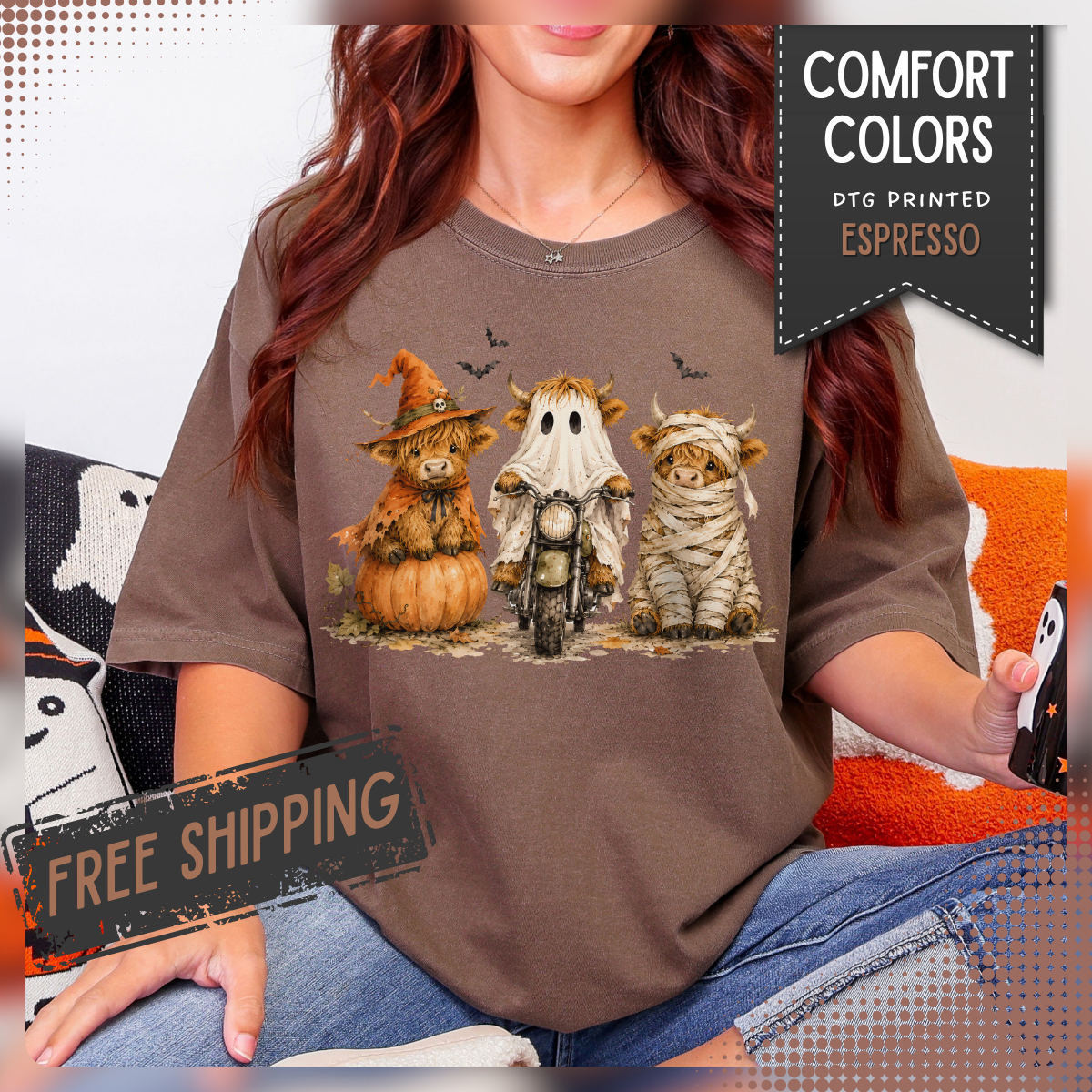 Highland Cows Halloween Costumes - Comfort Colors | Trendy Women's T-Shirt. Direct to Garment. Printed & Shipped in the USA. Unisex Sizes.