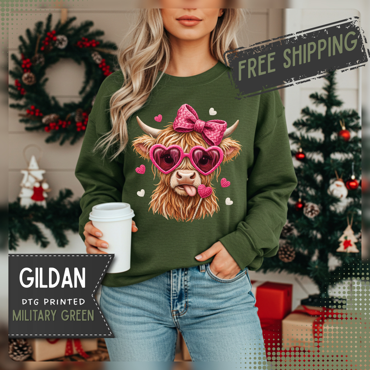 Highland Cow - Pink Heart Shaped Glasses – Gildan Heavy Blend | Trendy Women’s Soft Sweatshirt. Direct to Garment. Printed & Shipped in the USA. Unisex Sizes.